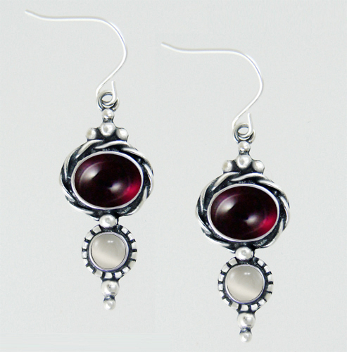 Sterling Silver Garnet And White Moonstone Gemstone Drop Dangle Earrings